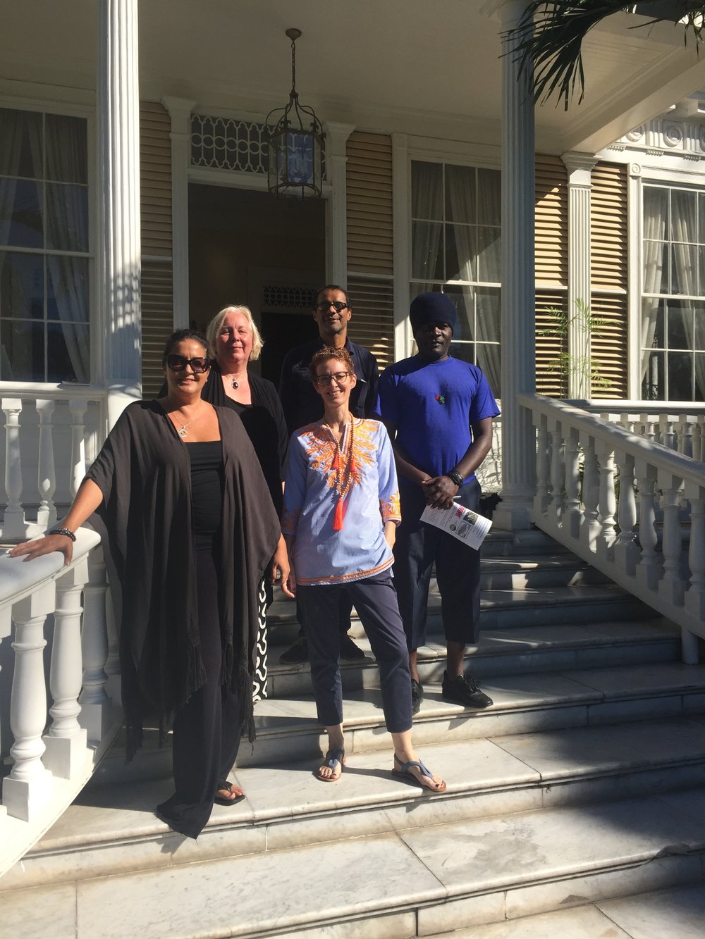 At Devon House, one of the locations for Jamaica Biennial 2017, with NGJ Director Veerle Poupeye (2nd left, back) and the 2017 selection committee, from left to right: Suzanne Fredericks, Amanda Coulson (bottom centre), Chris Cozier (to centre) and Omari Ra (far right)